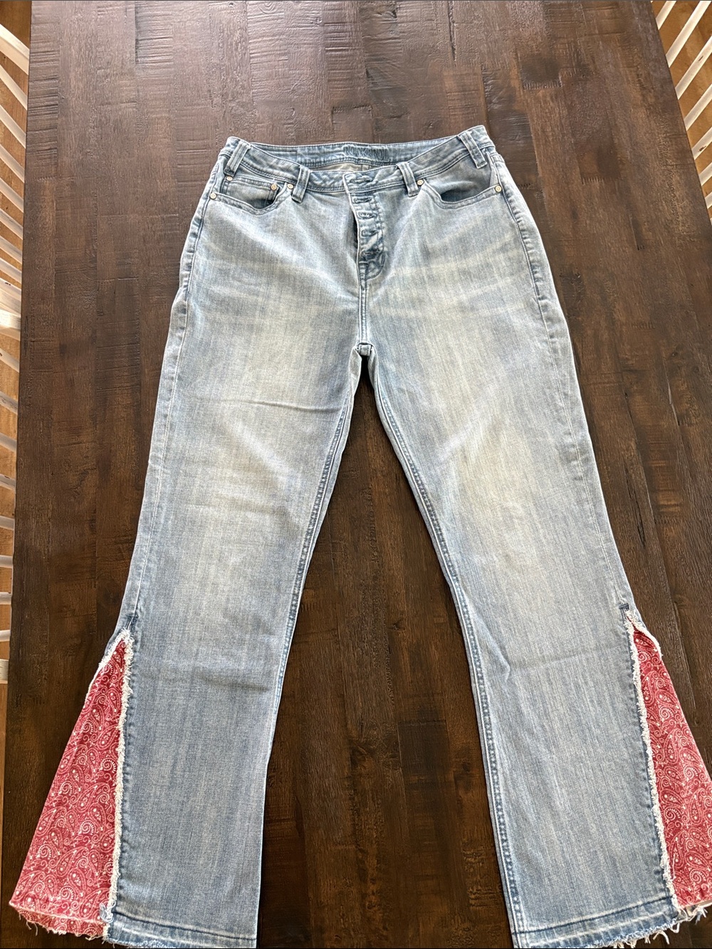 Light Wash Flare Jeans with Light Red Bandana Insets